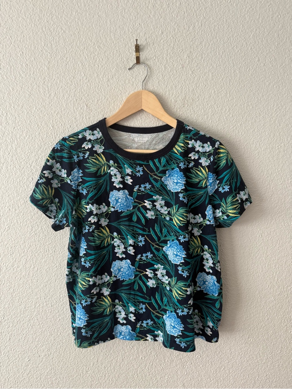 Floral T-Shirt Black and Blue with Palm Leaves Tee  100% cotton